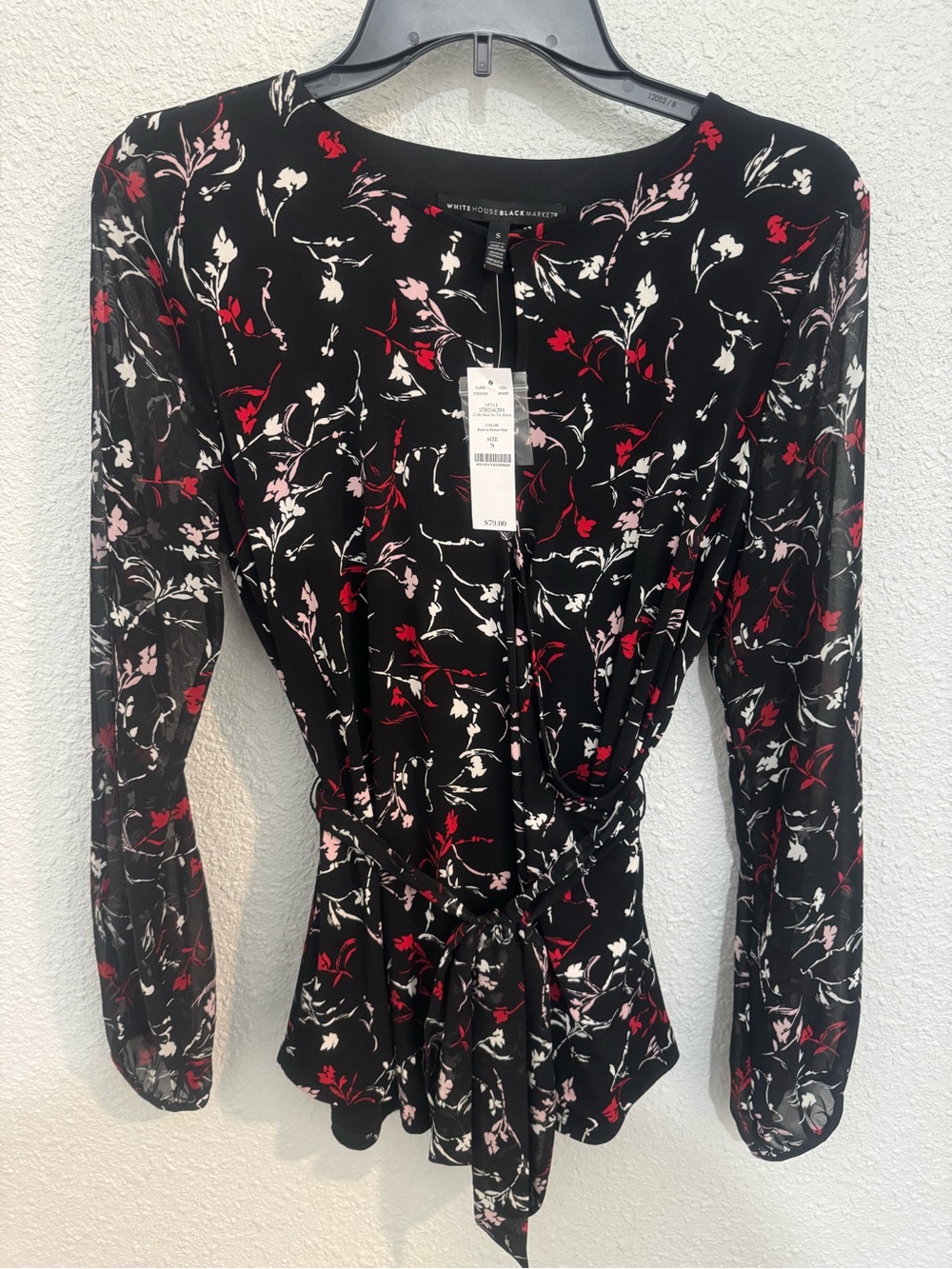 White House Black Market Black Floral Tie-Front Blouse with Red & Pink Accents